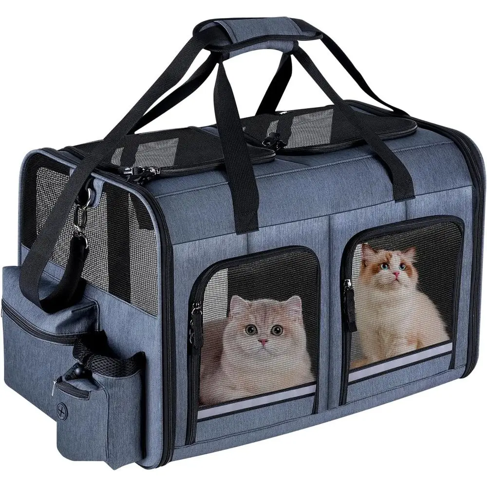 

Double Cat and Dog Carrier, Small to Medium Size, 2 Zippered Compartments, Multiple Pet Carrier, Grey