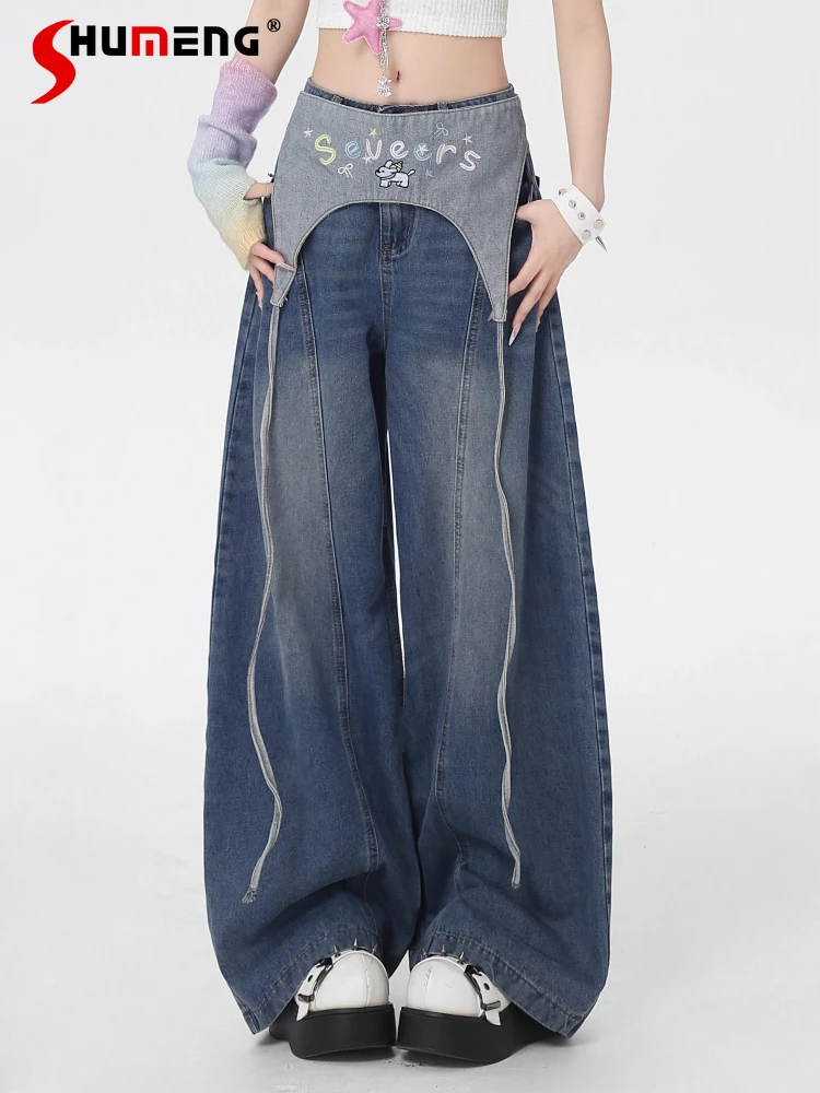 

American Style Fashion Retro Sweet Hot Girl Jeans High Waist Embroidery Loose Versatile Casual Wide Leg Denim Pants Women Summer