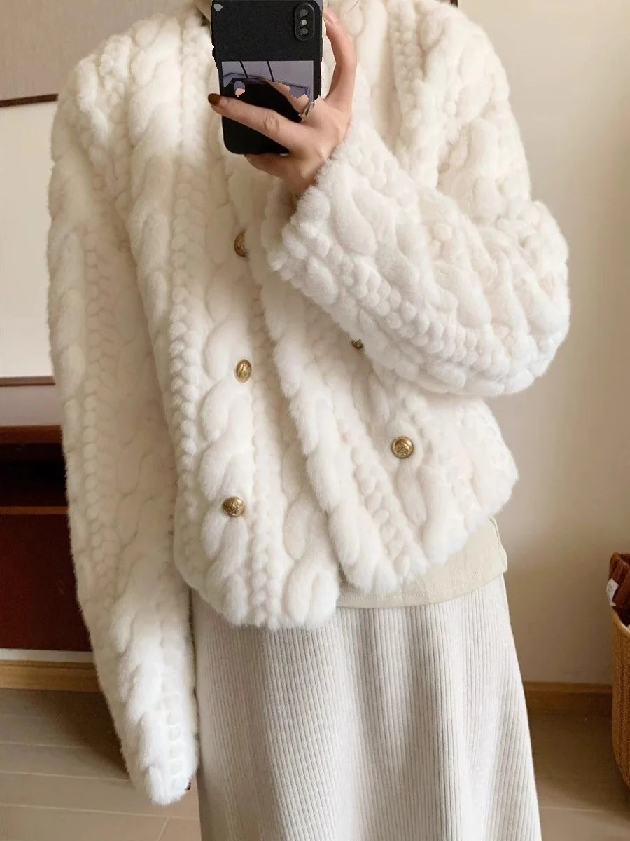 

Зимнее утепленное пальто 2024 года с круглым вырезом, двубортное, свободного кроя, из меха кролика, женская верхняя одежда из вельвета