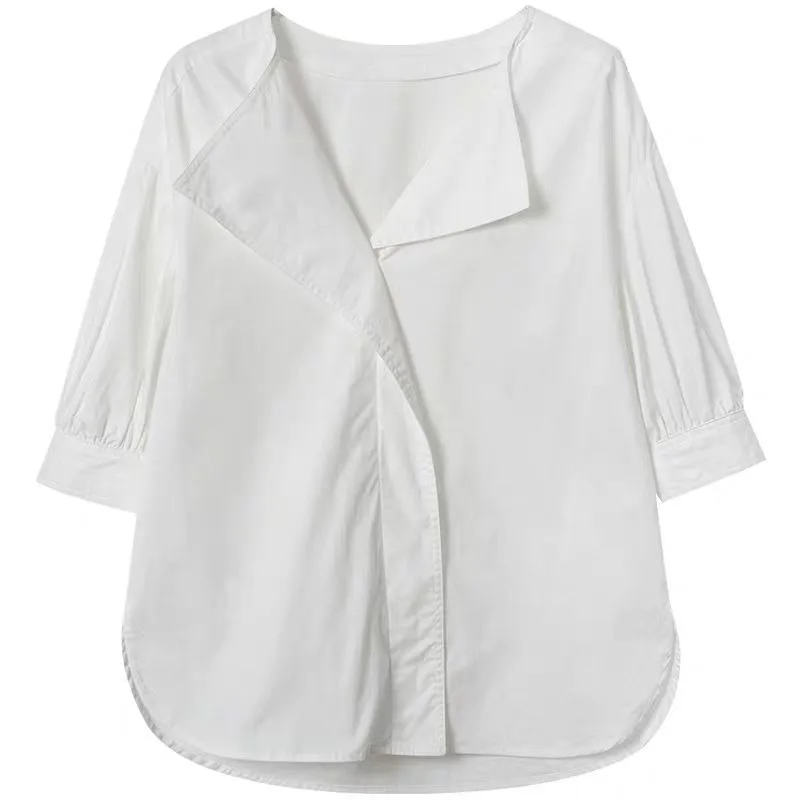 QWEEK-Camisa blanca básica de oficina para mujer, blusa de gran tamaño con cuello en V, moda coreana, elegante, informal, estética, 2024