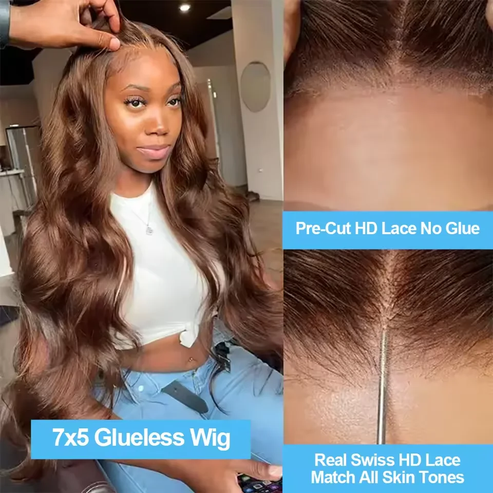 Kleberlose 7X5 Lace-Perücke, vorgeschnitten, 220 Dichte, schokoladenbraun, Body Wave, 100% Echthaar, wellig, nass und gewellt, brasilianisches Echthaar mit 13X6 HD Lace Frontal, vorgezupft. – Detail 2