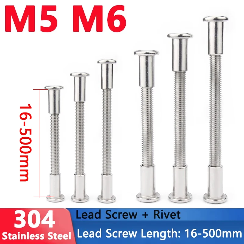 M5 M6 304 A2 Stainless Steel Lead Screw with Large Flat Hex Hexagon Socket Head Rivet Insert Joint Sleeve Length 16-500mm