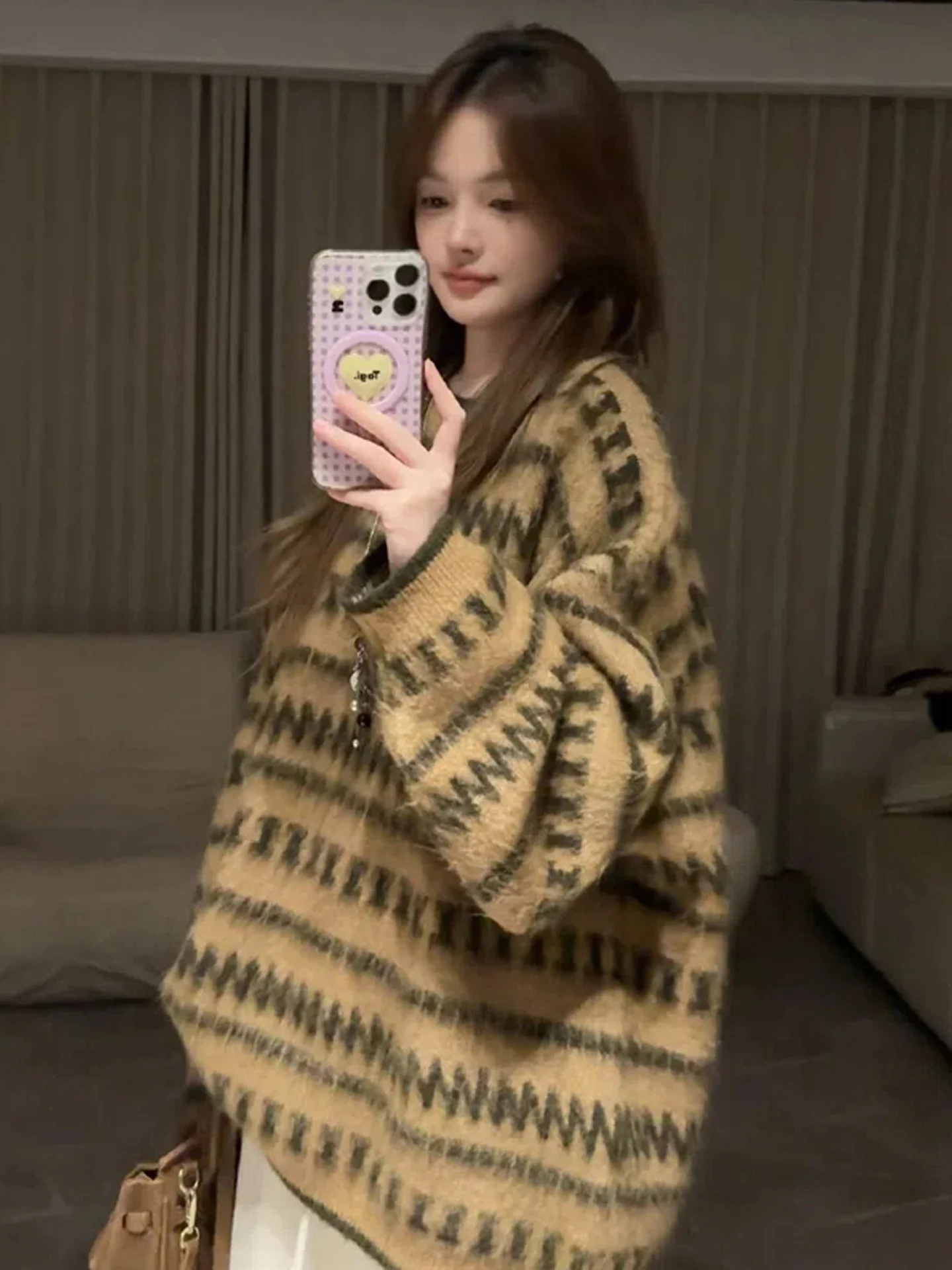 

Свободный полосатый свитер Camere, женский осенне-зимний корейский свитер, элитный вязаный топ средней длины