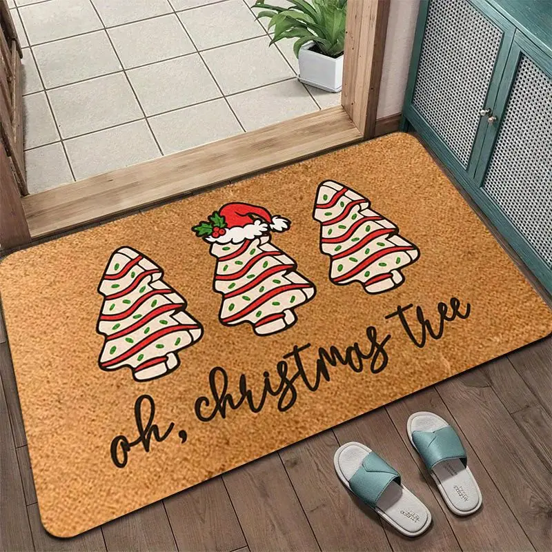 VIKAMA Oh Christmas Tree Doormat Coir Cake Tree Pattern Non Slip Entrance Rug Funny Xmas Holiday Floor Mat Front Door Outdoor