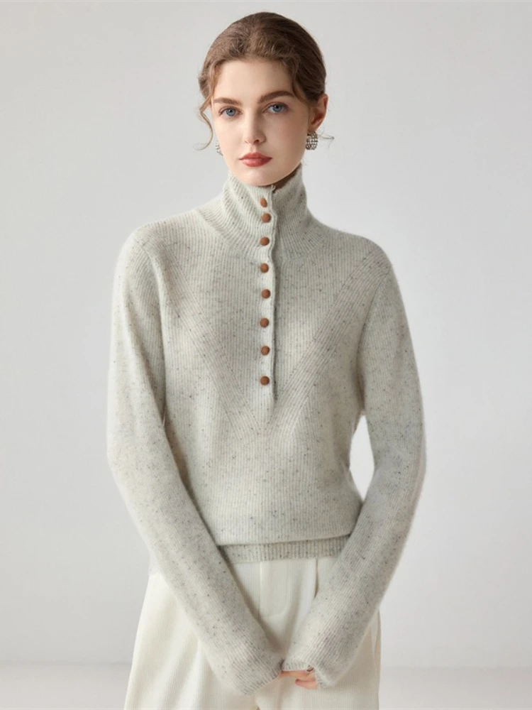 VERVE VESTA 100% Cashmere Sweater Women High Neck Button Detail Textured Knit Soft Warm Long Sleeve Pullover Fall Winter