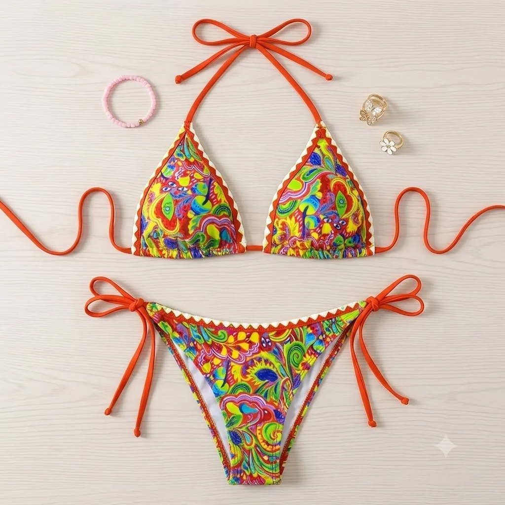 JEWELRY SEN Ladies Bohemian Vibrant Printed Triangle Bikini 2‑Piece Side‑Tie Swimwear Beach Vacation Swimsuit