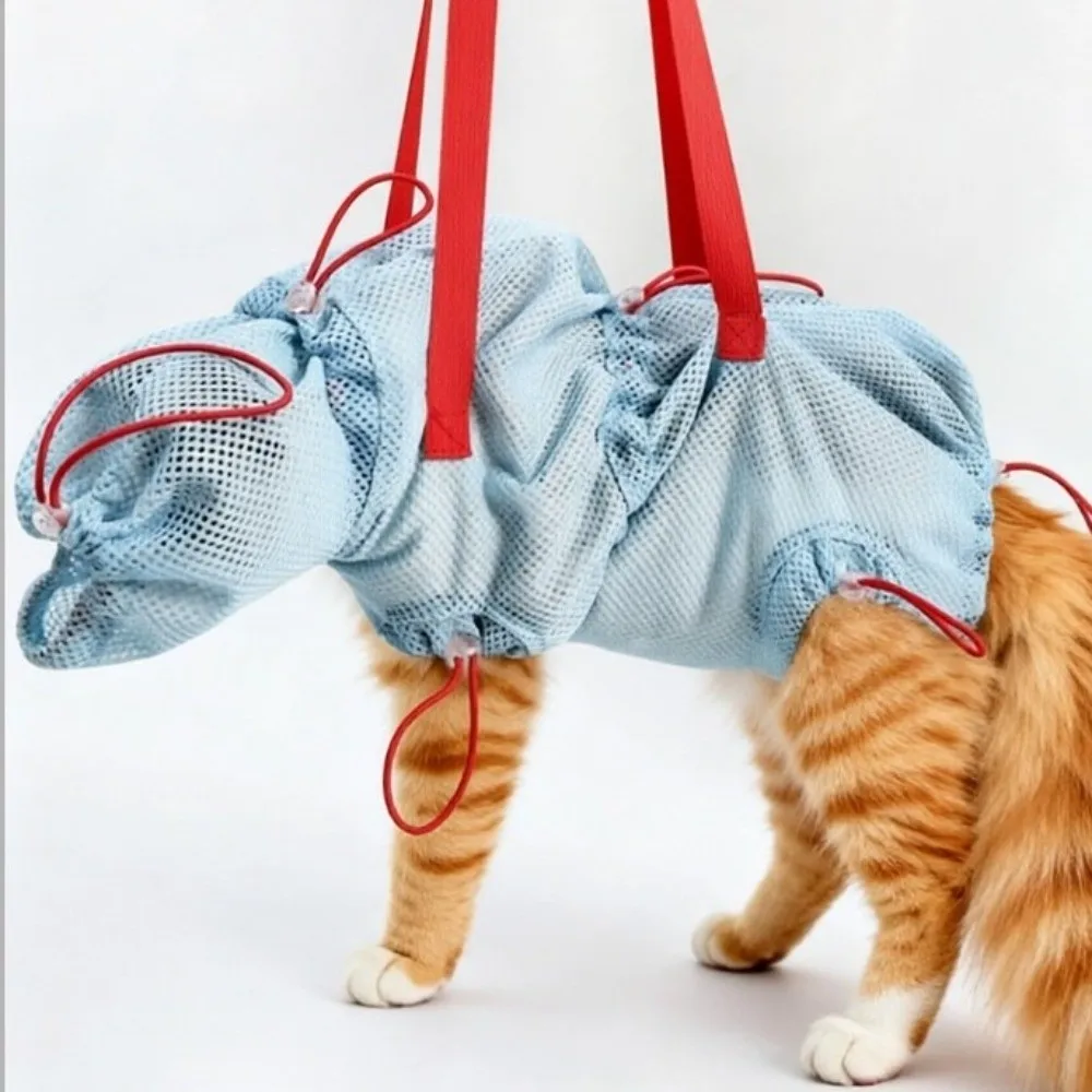 Breathable Mesh Cat Bathing Bag Hanging Adjustable Cat Grooming Bag Quick Drying High Elasticity Cat Shower Bag Vet Visit