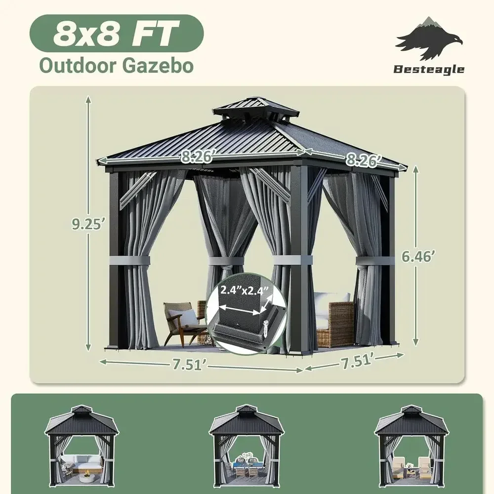 8’ x 8’ Hardtop Gazebo, Heavy Duty e Outdoor Gazebo with Double Galvanized Steel Roo, Curtains & Netting Included, All-Weather M