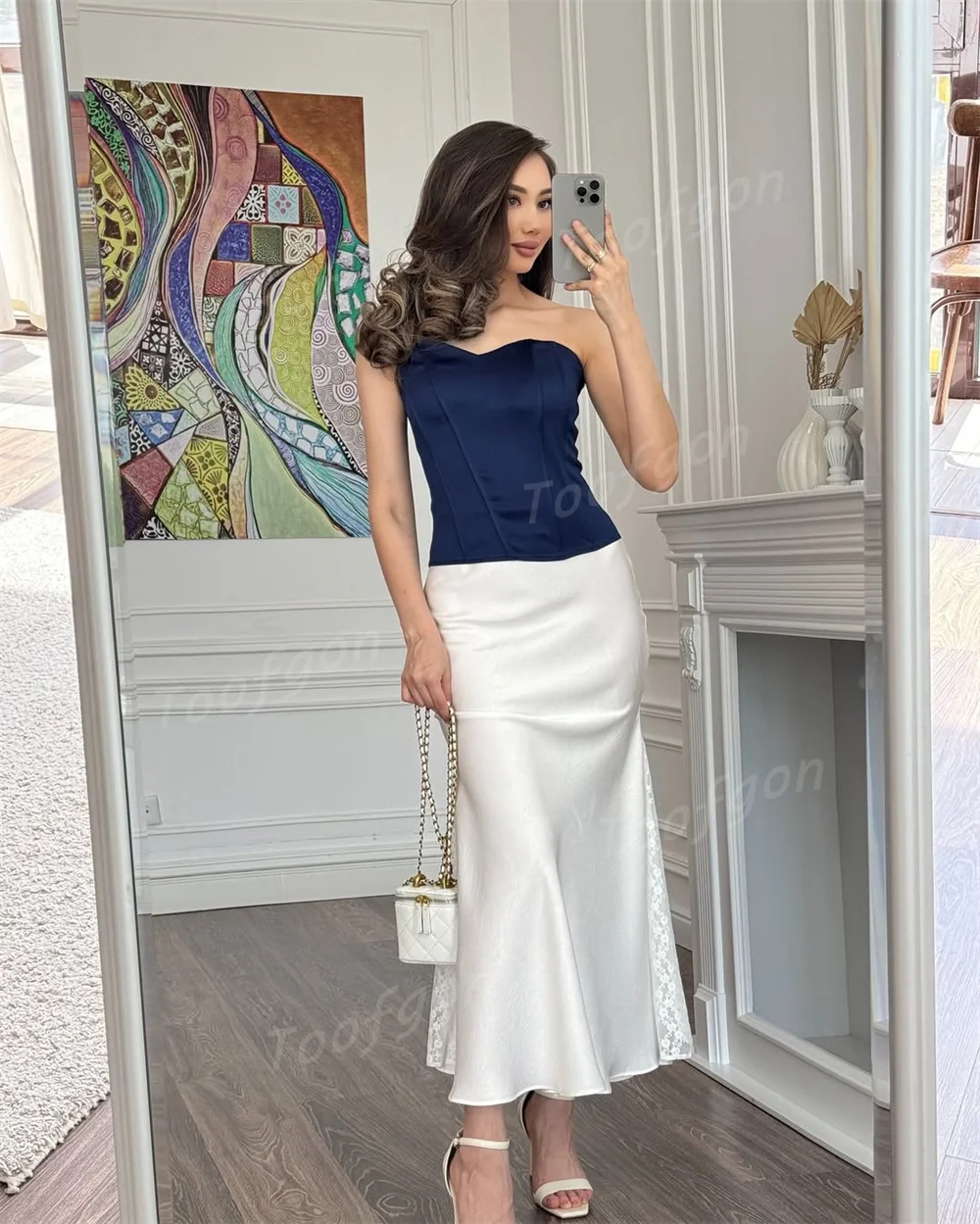 فساتين حفلات على شكل قلب من Toofgon باللون الأزرق العاجي مخصصة بدون أكمام من الساتان للنساء للكاحل مناسبة خاصة رسمية للحفلات