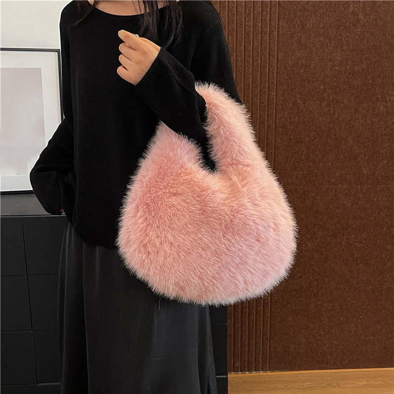 

Winter Shoulder Bags Casual Furry for Women Solid Color Soft Plush Ladies Clutch Purse Handbags Lightweight Female Hobos Bag