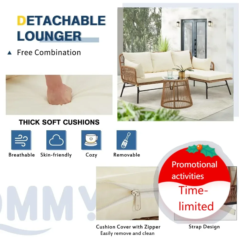 

Hot sales3 Piece Patio Furniture Set, L-Shaped Sectional Conversation Sofa Set with Thick Cushions and Toughened Glass Coffee Ta