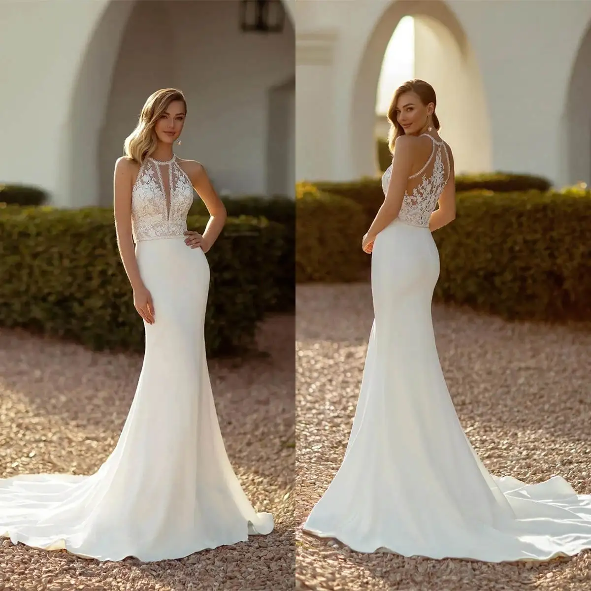 

White Mermaid Gown Wedding Dresses Flowers Pattern Lace Bridal Gowns Sweep Train Big Size Vestidos De Novia Custom Size Colour