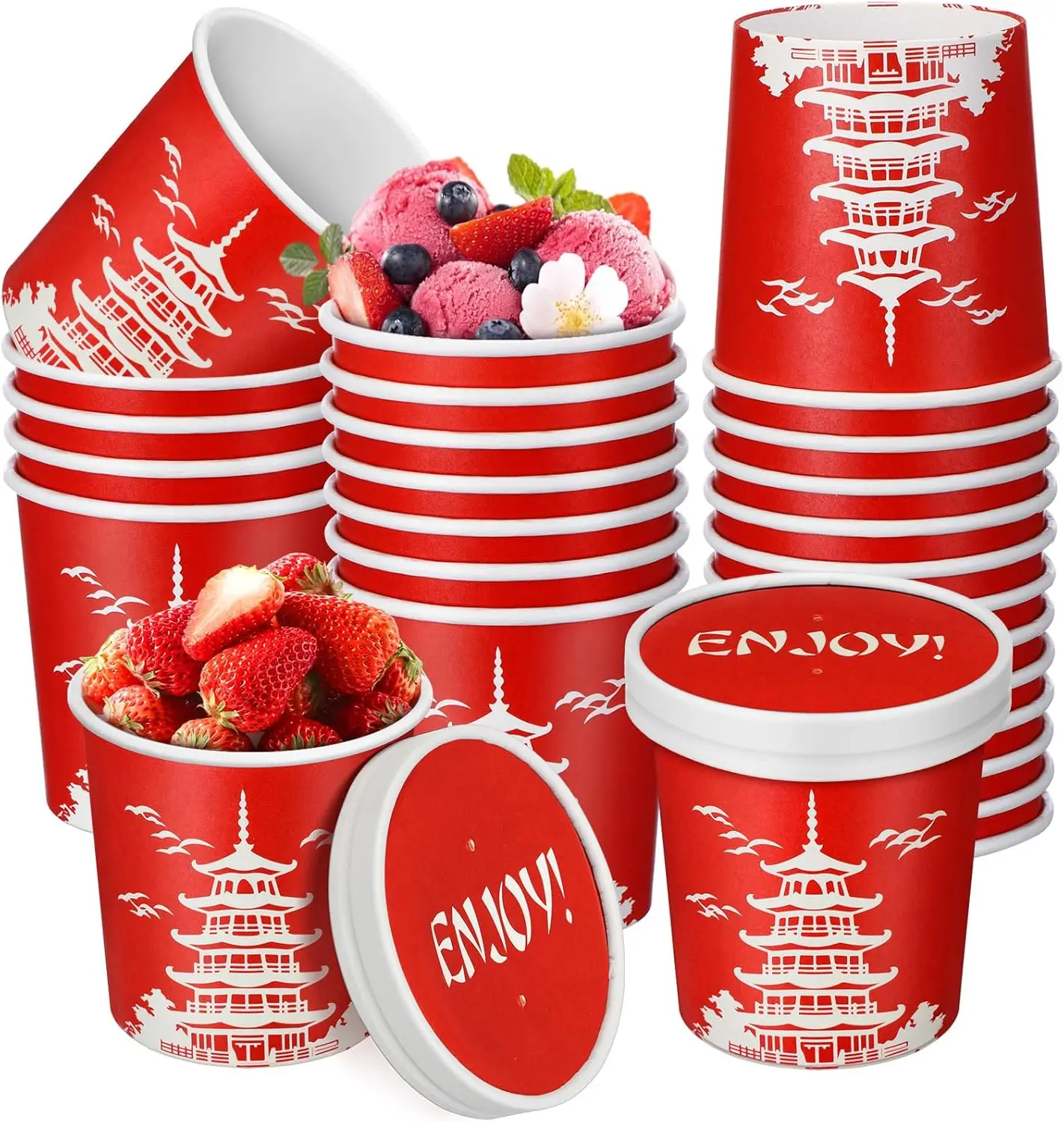 

24 Pcs Chinese Take out Paper Soup Cups with Lids Set, Disposable Stackable Paper Food Cups, Recyclable Leak and Grease