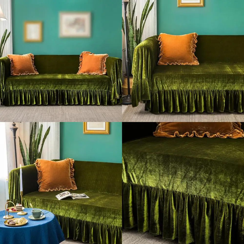 

Luxurious Solid Velvet Sofa Cover with Ruffle Trim, Exquisite Vintage Farmhouse Style Slipcover for Sofas, 2-Piece Set