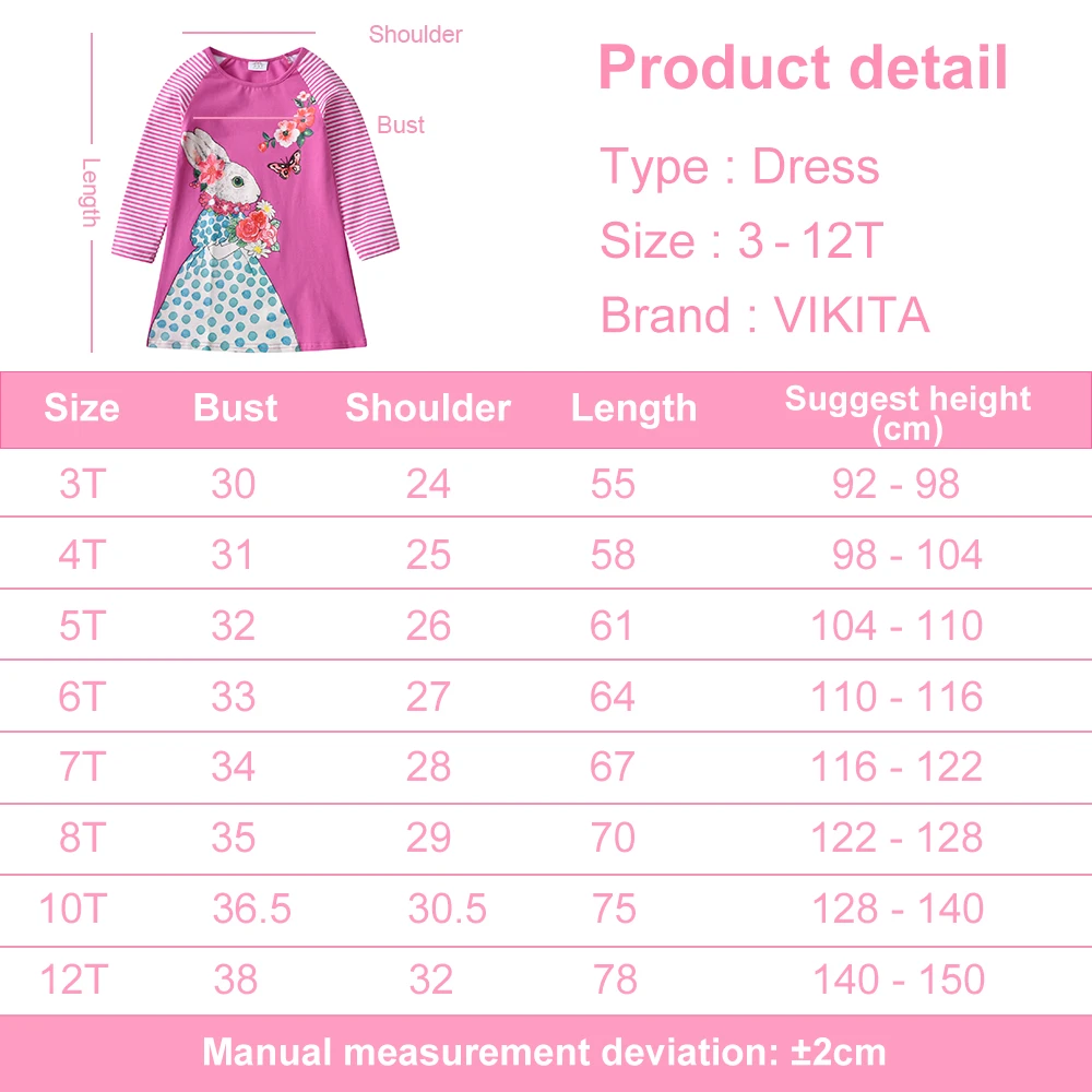 VIKITA Girls Pink Bunny Rabbit Cartoon Print Straight Dress Toddlers Cotton Casual Daily Long Sleeve Autumn Spring Outfits Frock view 6