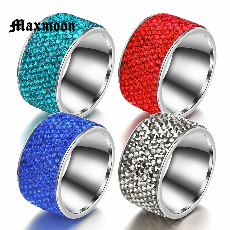 Maxmoon 8 Rows Crystal Stainless Steel Ring Women for Elegant Full Finger Love Wedding Engagement Rings Jewelry Men