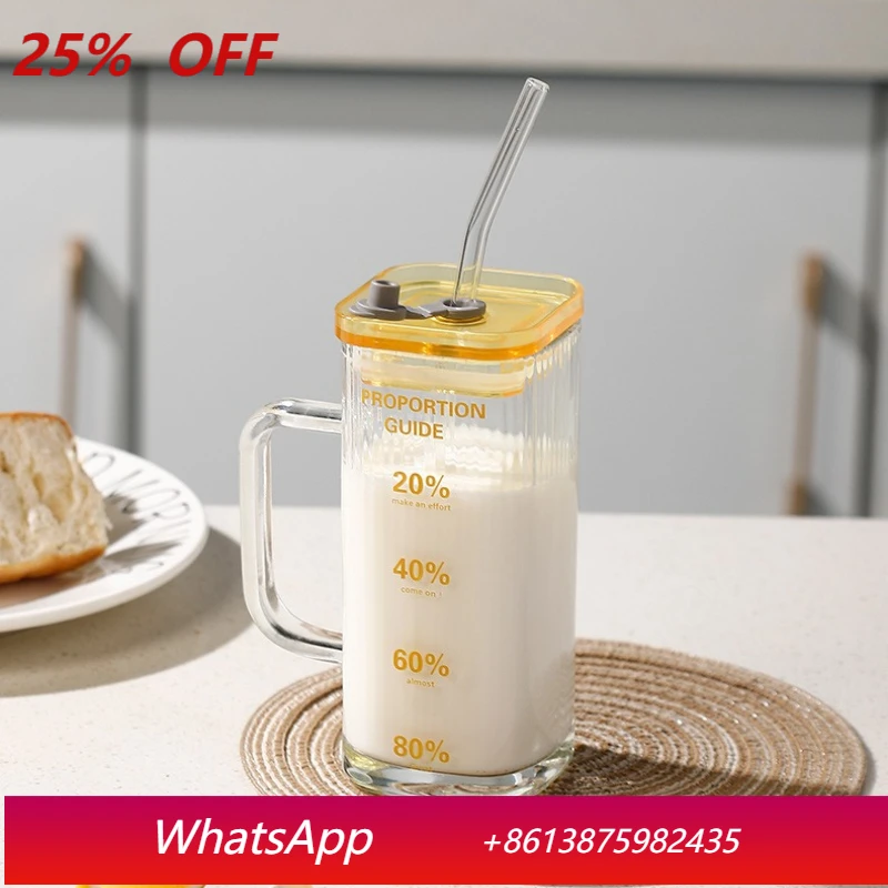 

LTT high temperature resistant glass cup square with handle cup household with straw graduated water cup