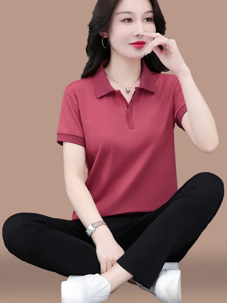 

Спортивный комплект Ice Silk Qui Dry, женский летний комплект 202, новый повседневный комплект с отложным воротником ort Sve, комплект из двух предметов для мам среднего возраста