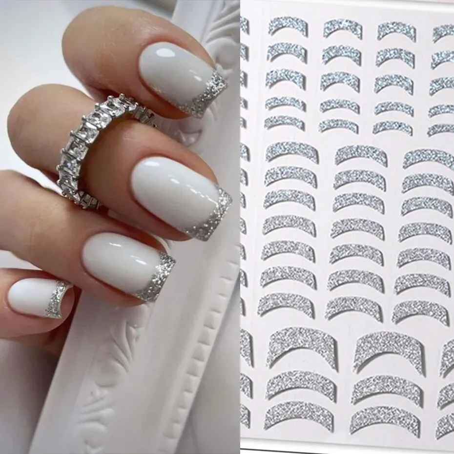 French 3D Nail Decals Stickers Stripe Line French Tips Transfer Nail Art Manicure Decoration Sliver Reflective Glitter Stickers