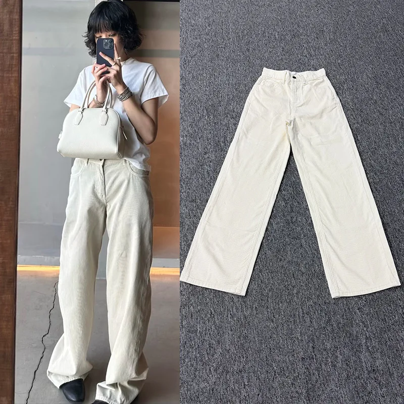 

Maxdutti 2026 Nordic Minimalist White Corduroy Jeans For Women High Waist Straight Leg Wide Leg Casual Wide Leg Pants For Women