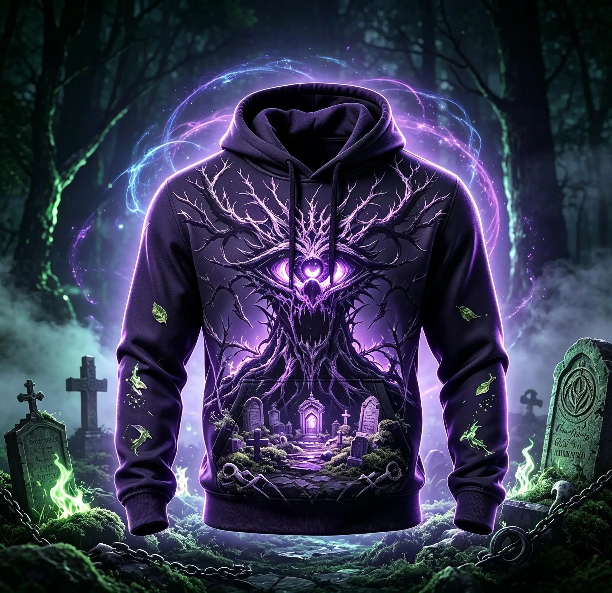 Fashion Men Drawstring Hoodie Spooky Forest Tombstone Print Warm Fleece Casual Street