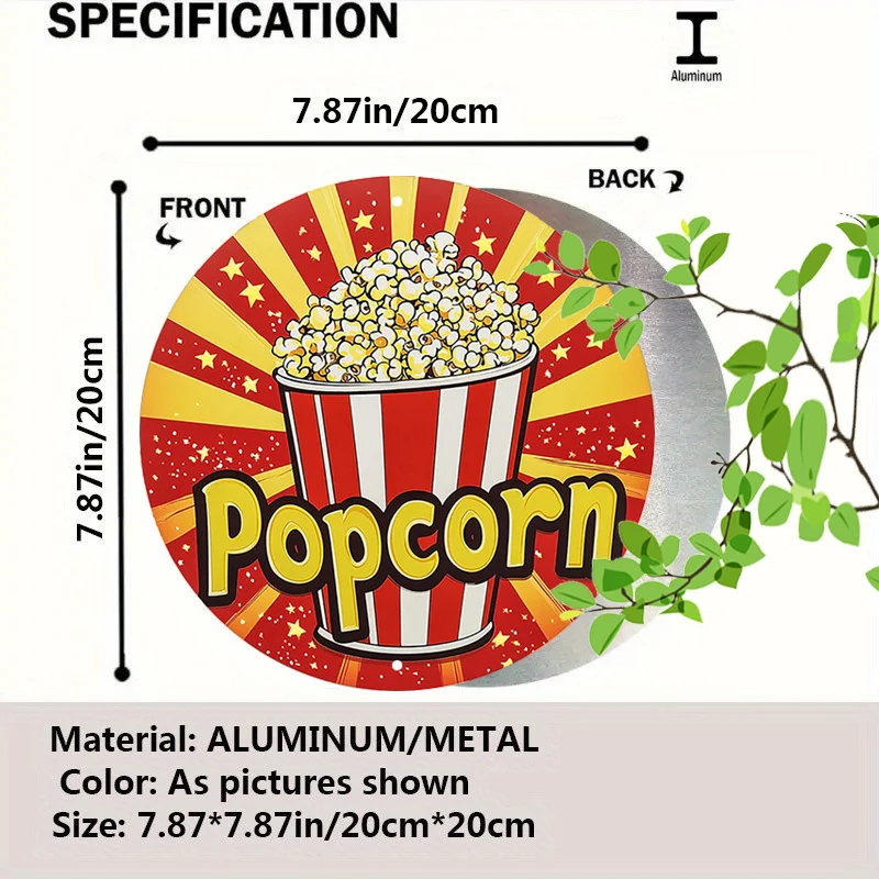 Room Decor 1pc Retro Popcorn Round Tin Sign, Vintage Aluminum Wall Art, Rustic Metal Decor for Home, Garage, Cafe - Snack Theme