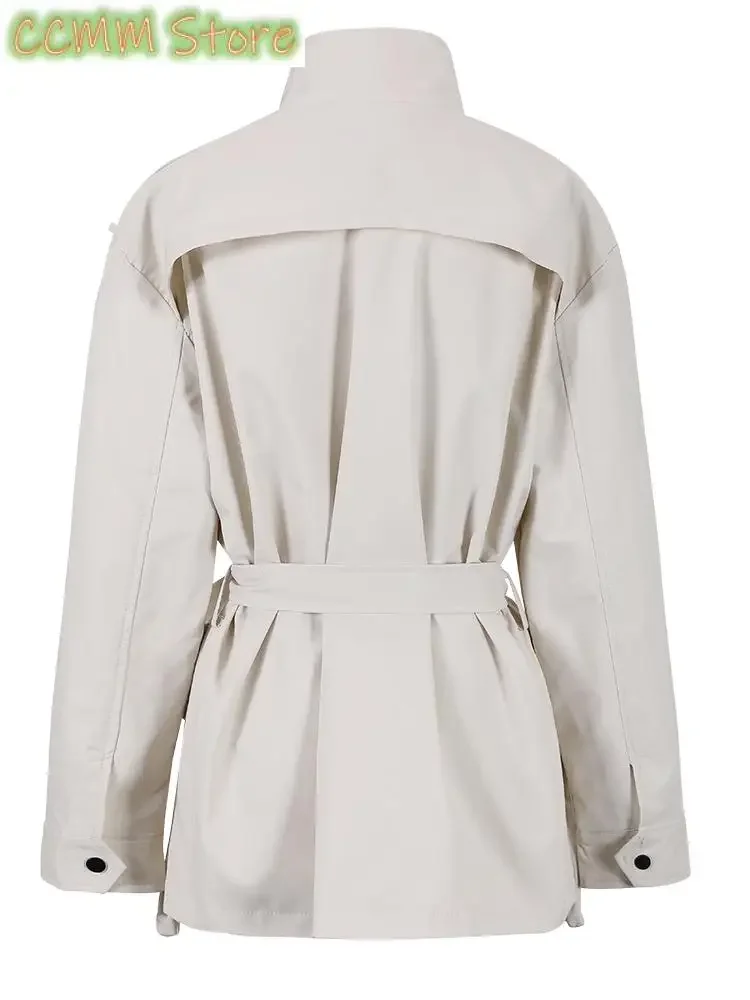 Women Beige Belted Big Size Casual Trench New Stand Collar Long Sleeve Loose Windbreaker Fashion Tide Spring Autumn