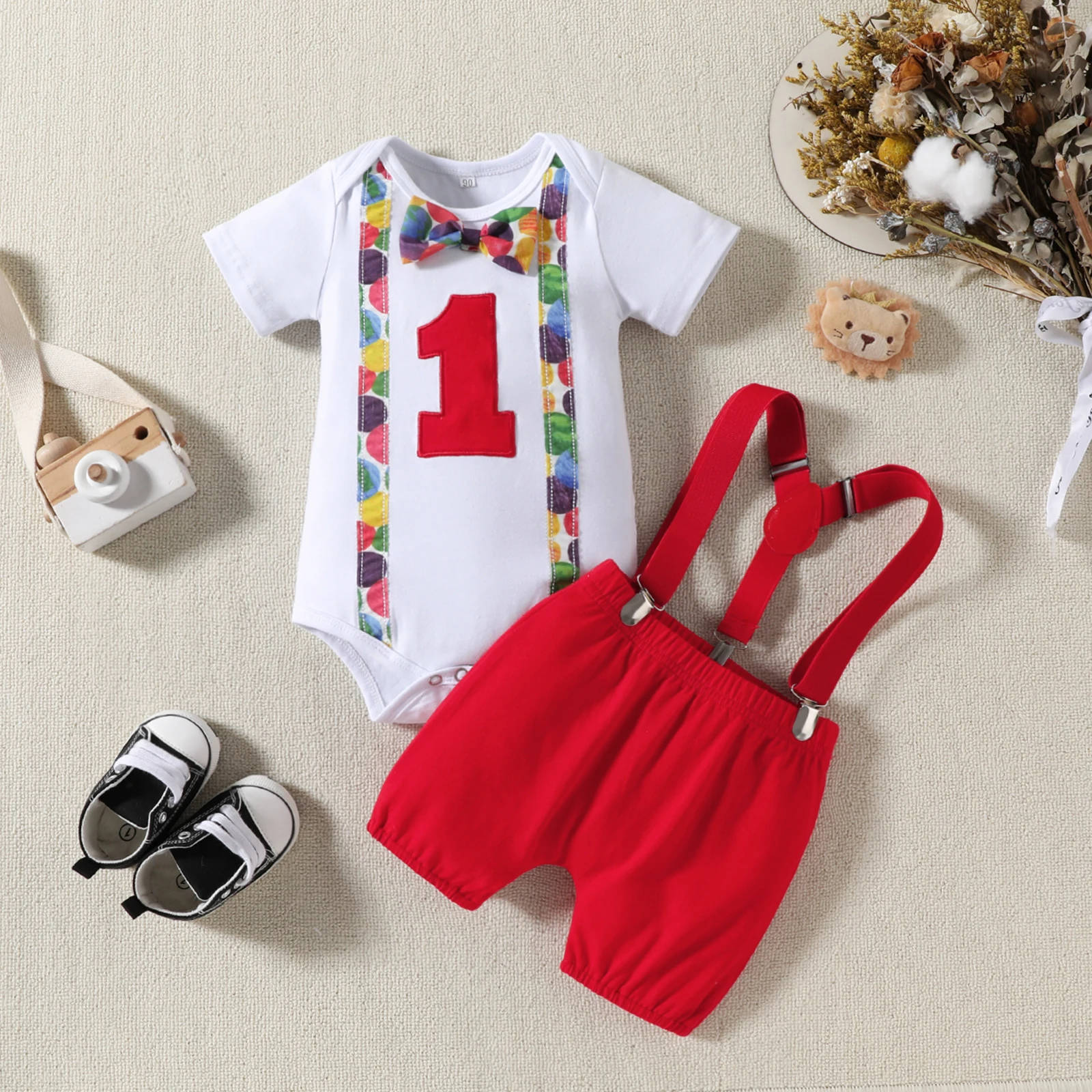 2PCS Baby Boys Short Sleeved Jumpsuit Romper Gentlemen\'s Bow Tie Strap Summer Set Birthday One Year Old Kids Boys 6-12M