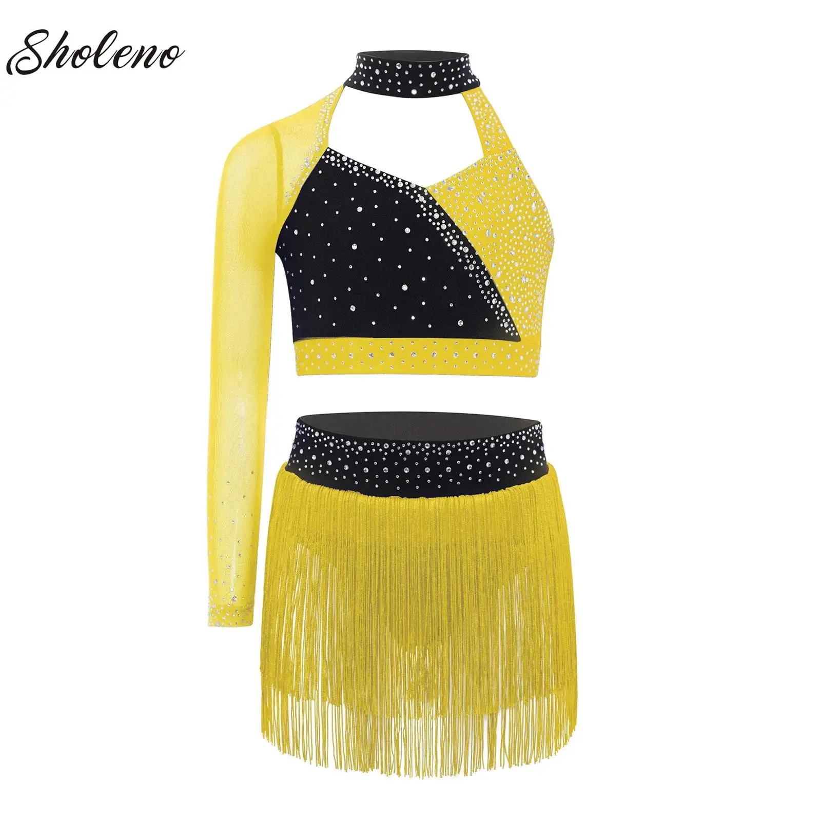 

Kids Girls Modern Contemporary Lyrical Ballet Dance Costume Figure Skating Outfits Sparkly Rhinestones Dance Top And Skirt Sets