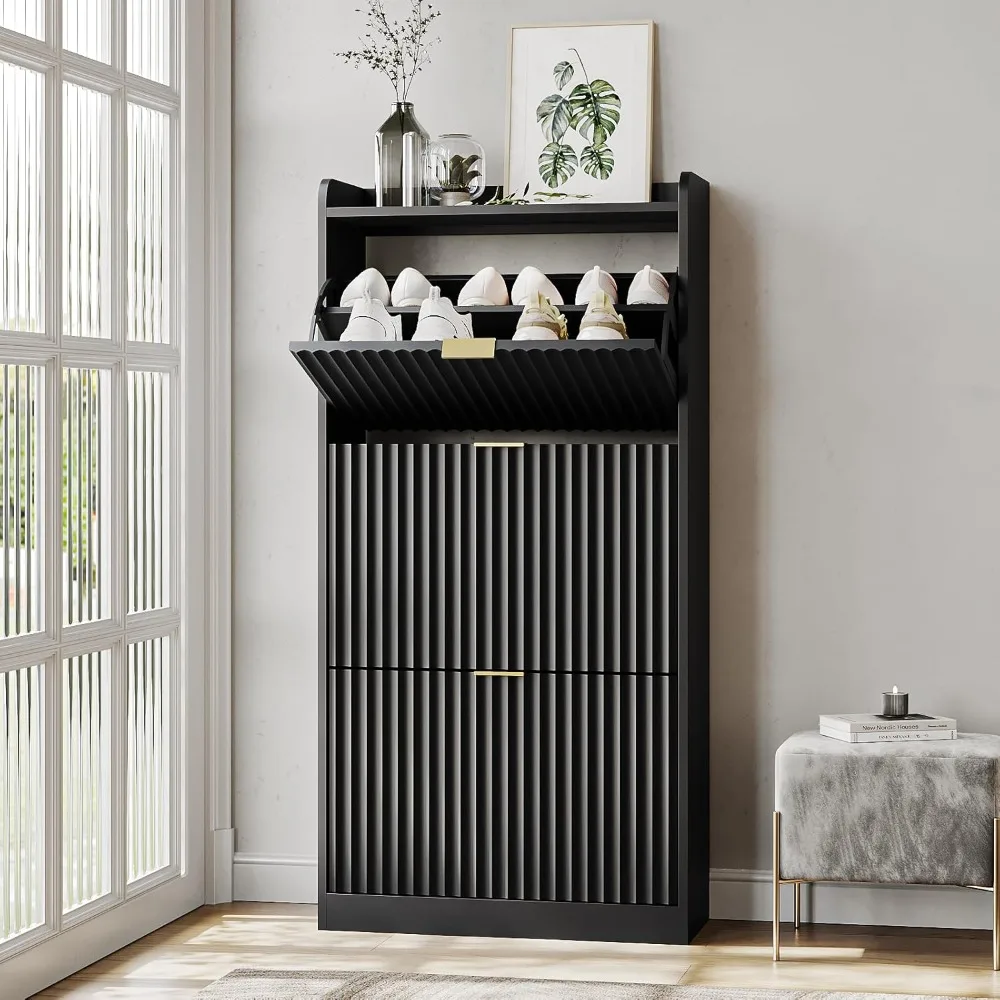 

Shoe cabinet with 3 flip drawers, narrow shoe cabinet with entrance slot panel, independent shoe rack storage