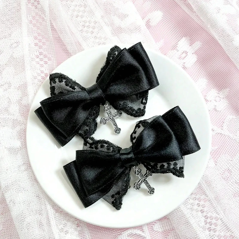 

2pcs/set Japanese-style Sweet and Cool Bow Hair Clips, Women's Cross Edge Clips, Top Clips, Gothic Hair Accessories