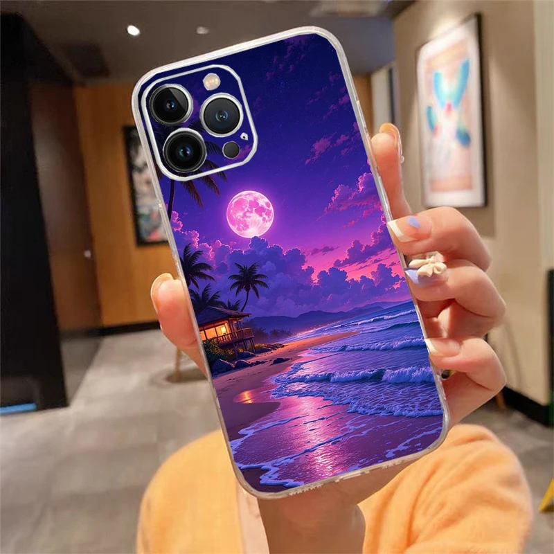 

Phone Case Carcasa Funda For iPhone 16 15 13 14 11 12 Pro Max 16 14 12 13 Pro 15 Plus 16E Moonlight Beach Scenery Case