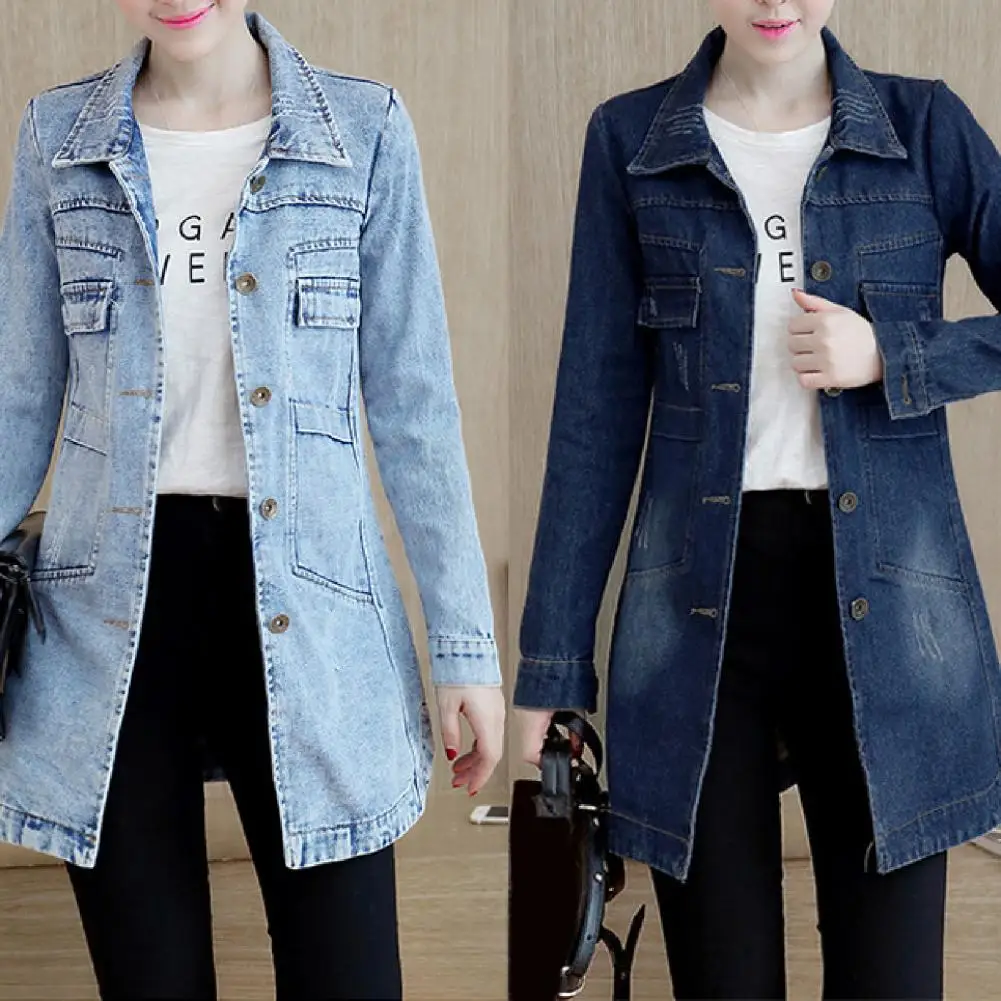 

Trendy Denim Coat Super Soft Irregular Hem Long Women Jacket Turn-Dwon Collar Shrink Resistant Jacket Coat for Work