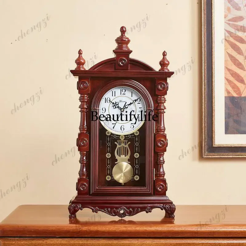 Chinese solid wood desk clock strikes the time on the hour, retro desk clockhome living room desktop desktop clockEuropean style