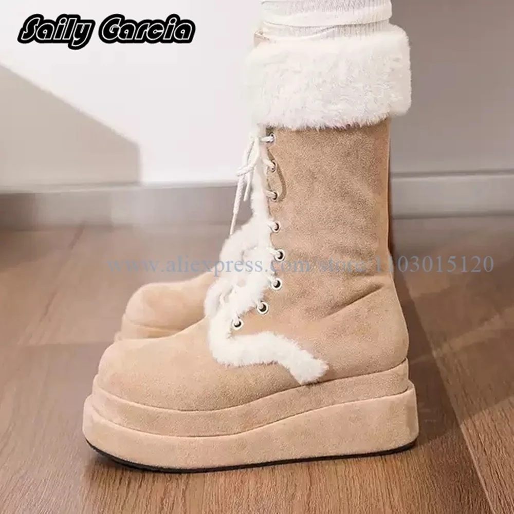 Beige Front Lace-Up Short Plush Wedges Snow Boots Round Toe Platform Casual Lady Boots Winter NEW INS Thick Sole Anti-Slip Boots