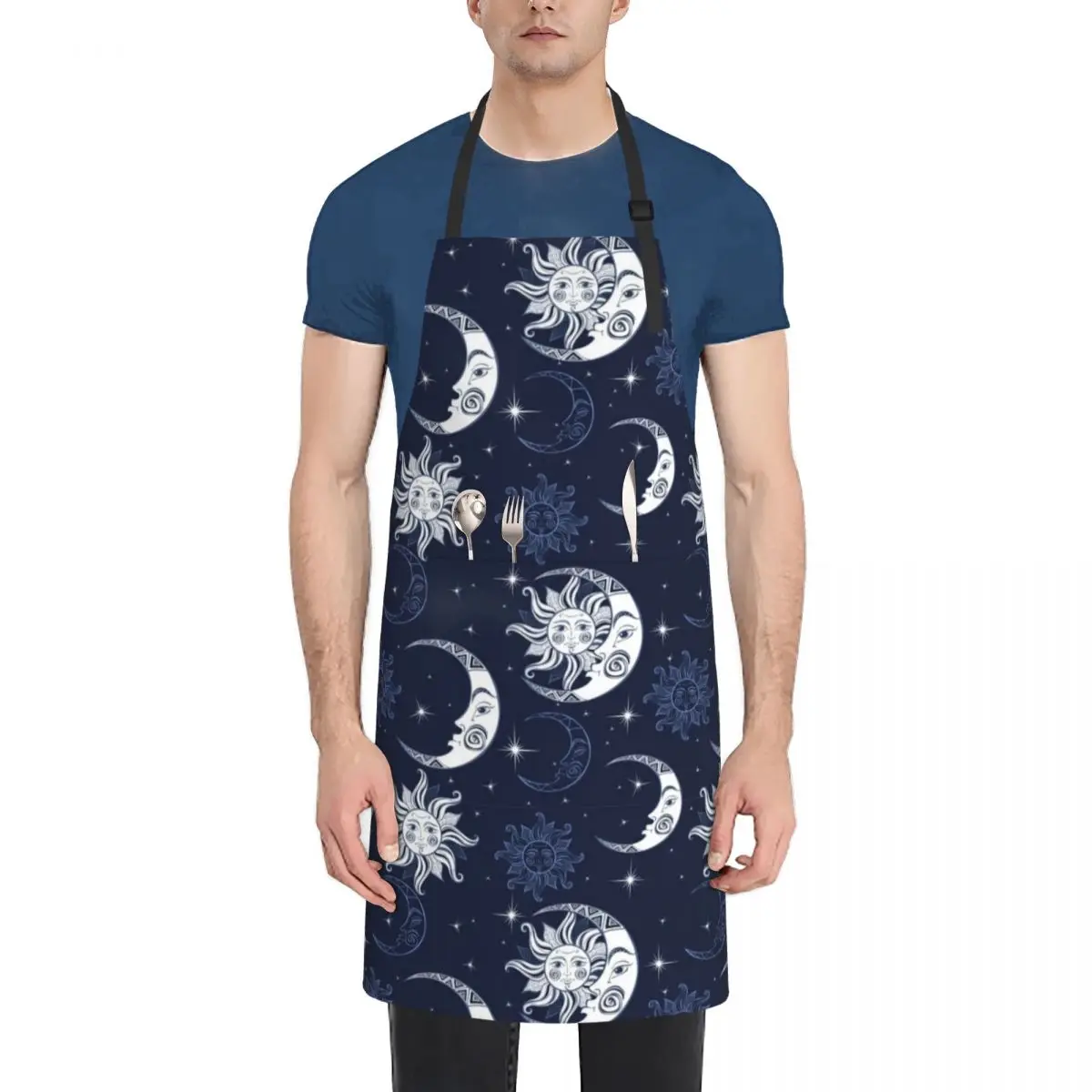 

Blue and white sun and moon - celestial pattern Apron Customizable Women's Kitchen Waterproof Apron