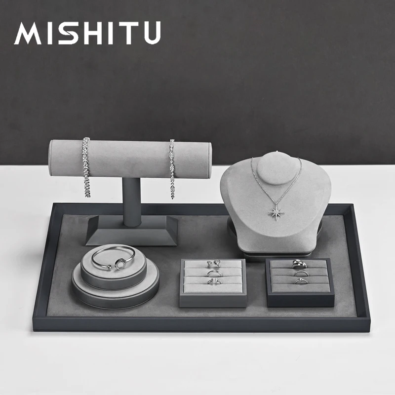 MISHITU High-end Jewelry Display Prop Grey PU Leather Ring Earrings Watch Bracelet Necklace Jewelry Display Stand Storage Holder