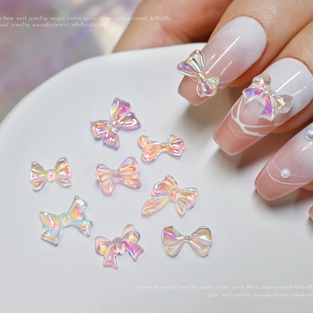 100 pçs 3d natal misturado aurora arco encantos da arte do prego 8/10/12mm aurora fita bowknot prego diy coreano kawaii arco peças de unhas