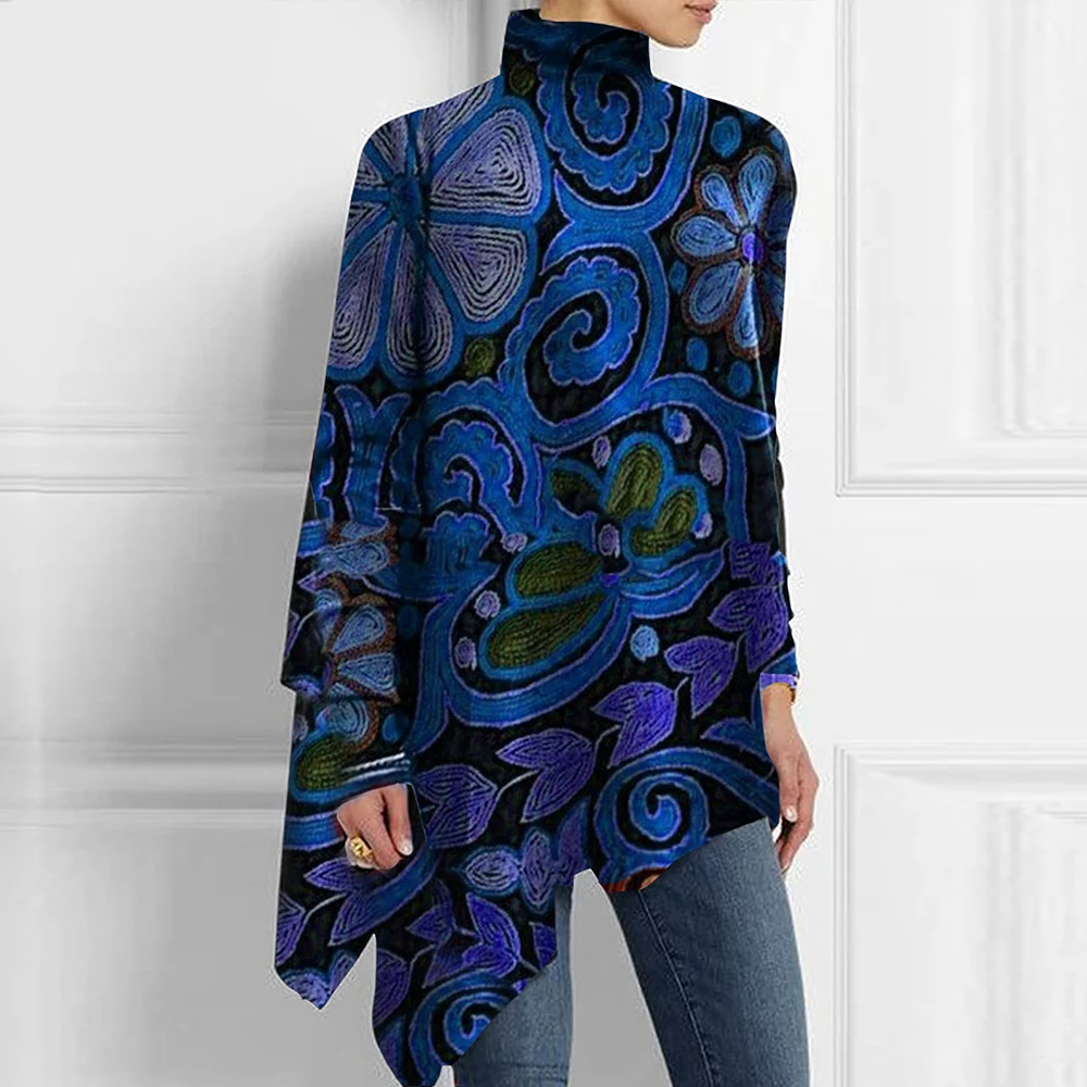 Plus Size Womens Allover Floral Printed Shirt Turtleneck Long Sleeve Ethnic Vintage Loose Tops Spring Female Asymmetrical Shirts