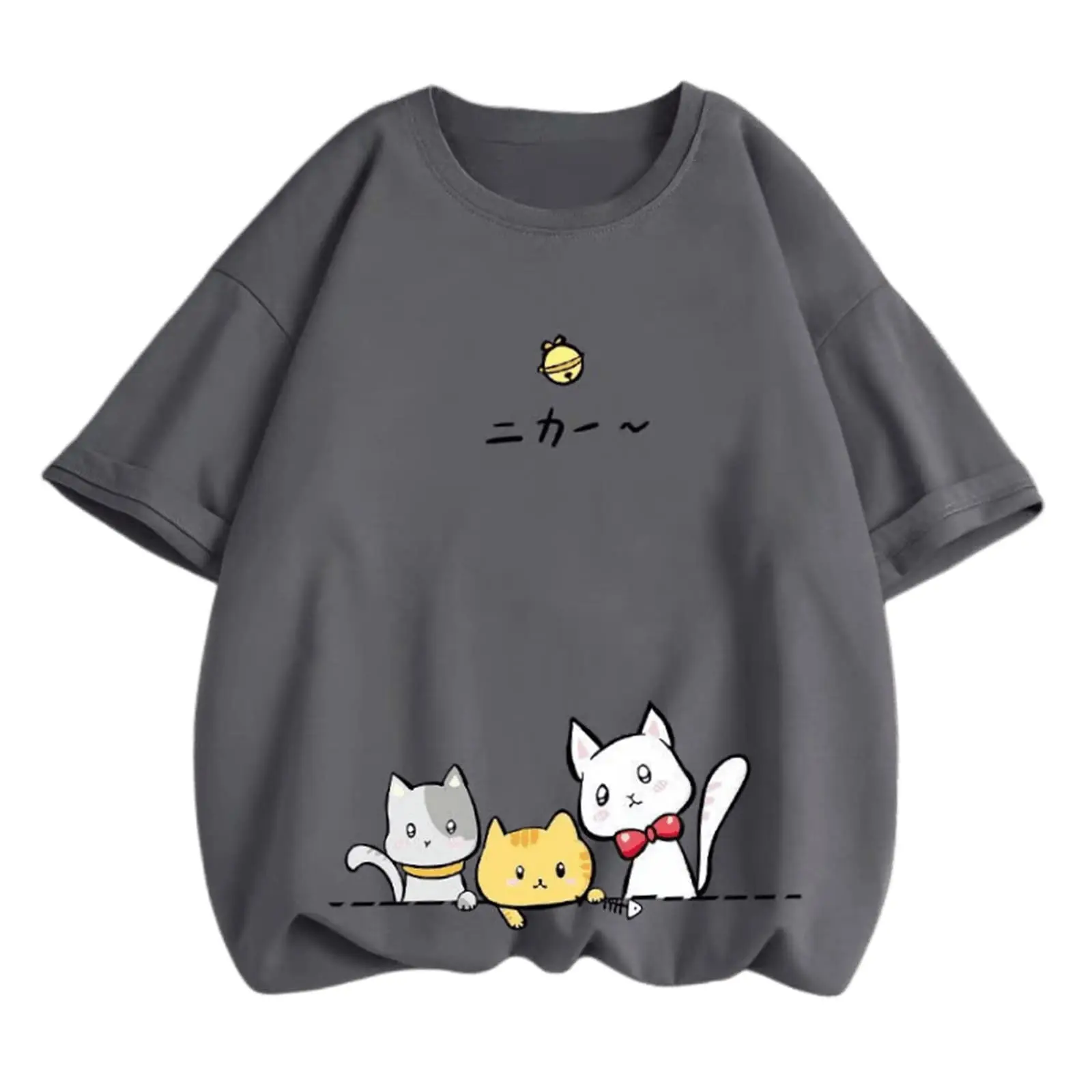 Women Men Kawaii Preppy Cat Tees Japanese Streetwear Harajuku Meow Shirts Oversize Short Sleeves Cute Cartoon T-shirtAnime Graph