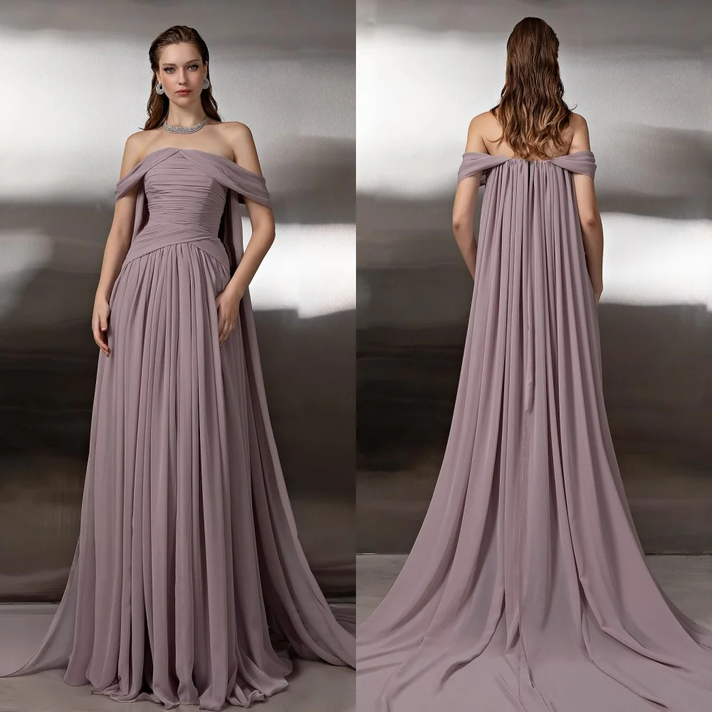 

Customized Matching Fashion Chiffon Pleat Ruched Draped A-line Off-the-shoulder Long Dresses Bespoke Occasion Dresses Formal