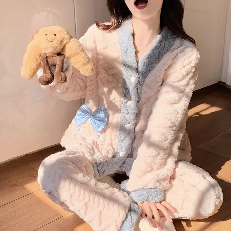 귀여운 시나모롤 코랄 플리스 파자마 여성용 가을 겨울 두꺼운 브이넥 잠옷 세트 부드럽고 따뜻한 플란넬 학생용 홈웨어