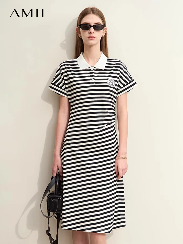 Amii Minimalism 2024 Summer New Dresses for Women Shoulder Sleeve Collision Color Striped Lapel Slim Waisted Midi Dress 12422035