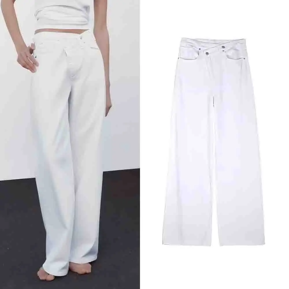 

Women's Summer New Fashion Cotton Asymmetric Waist Wide Leg Jeans Comfortable Casual Side Pocket Women's Jeans