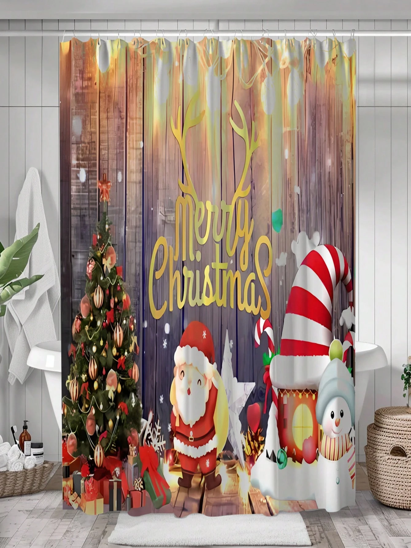 1 Pack of Santa Claus Pattern Polyester Shower Curtain Waterproof Cloth Bathroom Thickeneded Mildew-proof Partition Curtain Bathroom Water-blocking