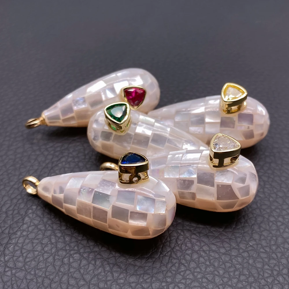 5 PCS White Sea Shell Teardrop Multi Color CZ Pave Charms Pendant Accessories DIY Craft