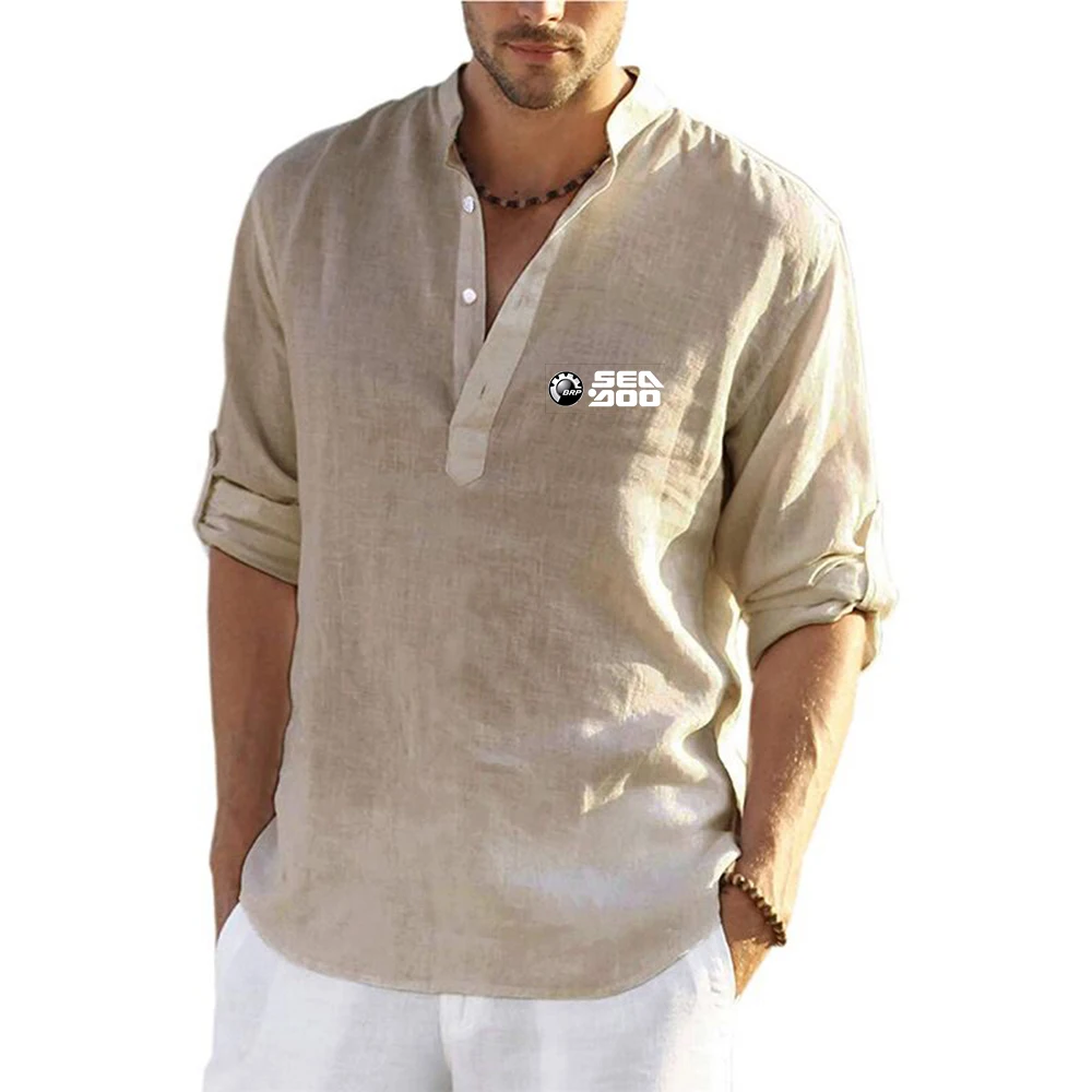 BRP Sea Doo Seadoo Moto Logo Print 2026 Cotton Linen Long Sleeve Shirt New Men's Casual Lightweight Summer Beach Vacation Tops