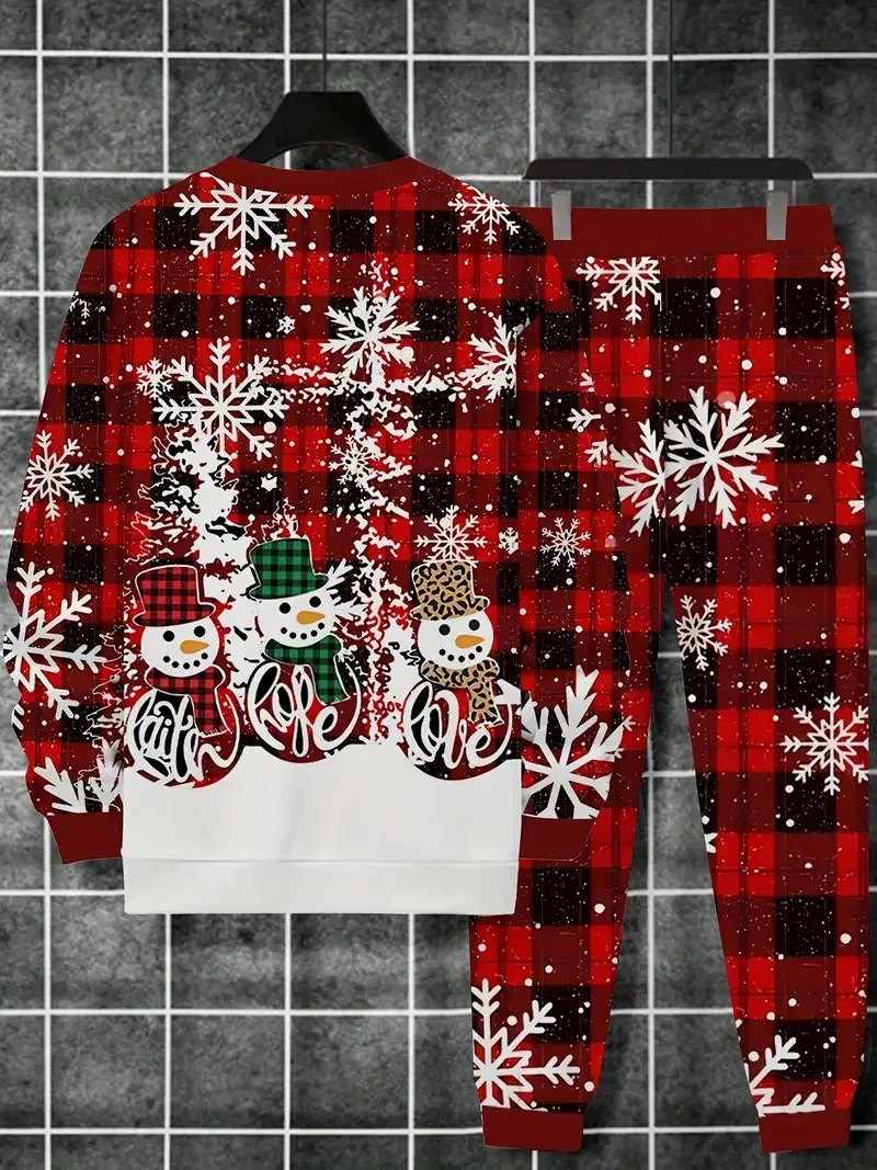 The new men's round-neck sweatshirt set for Spring and Autumn 2025 features a casual and comfortable 3D Christmas pattern print