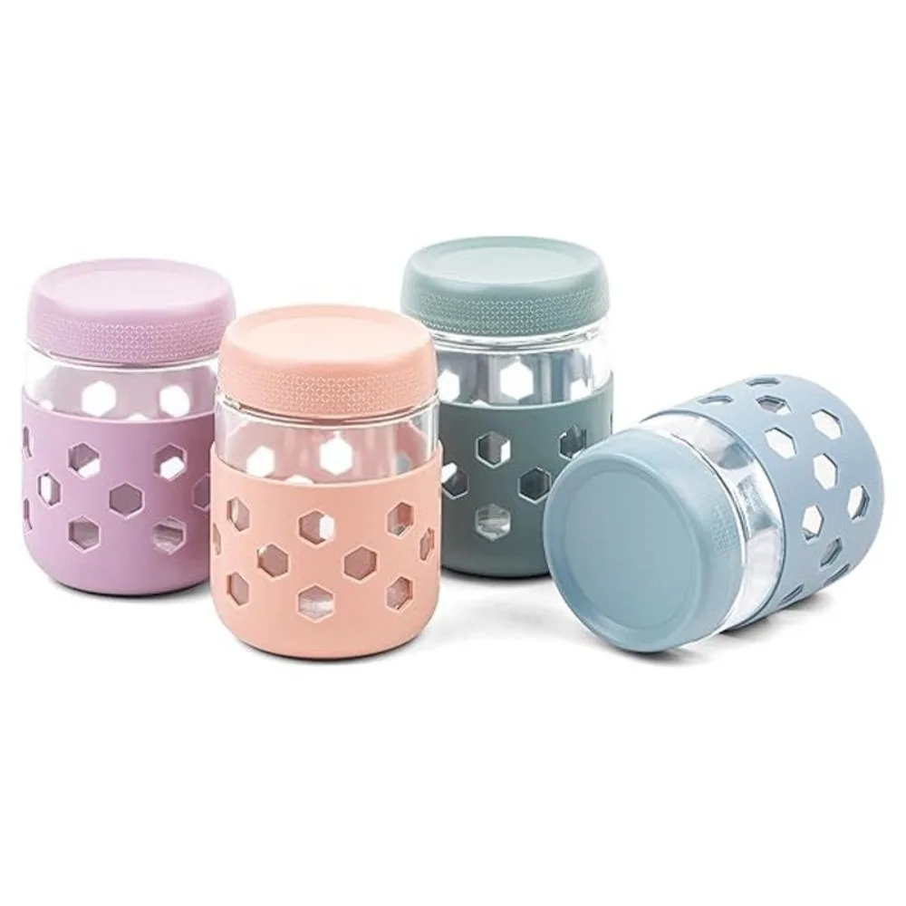 

4/6 шт., 480 мл/16 унций, стеклянная чашка для йогурта, широкий горлышек с силиконовыми рукавами, контейнеры для овся, герметичные крышки, банки для приготовления еды, кухонное использование