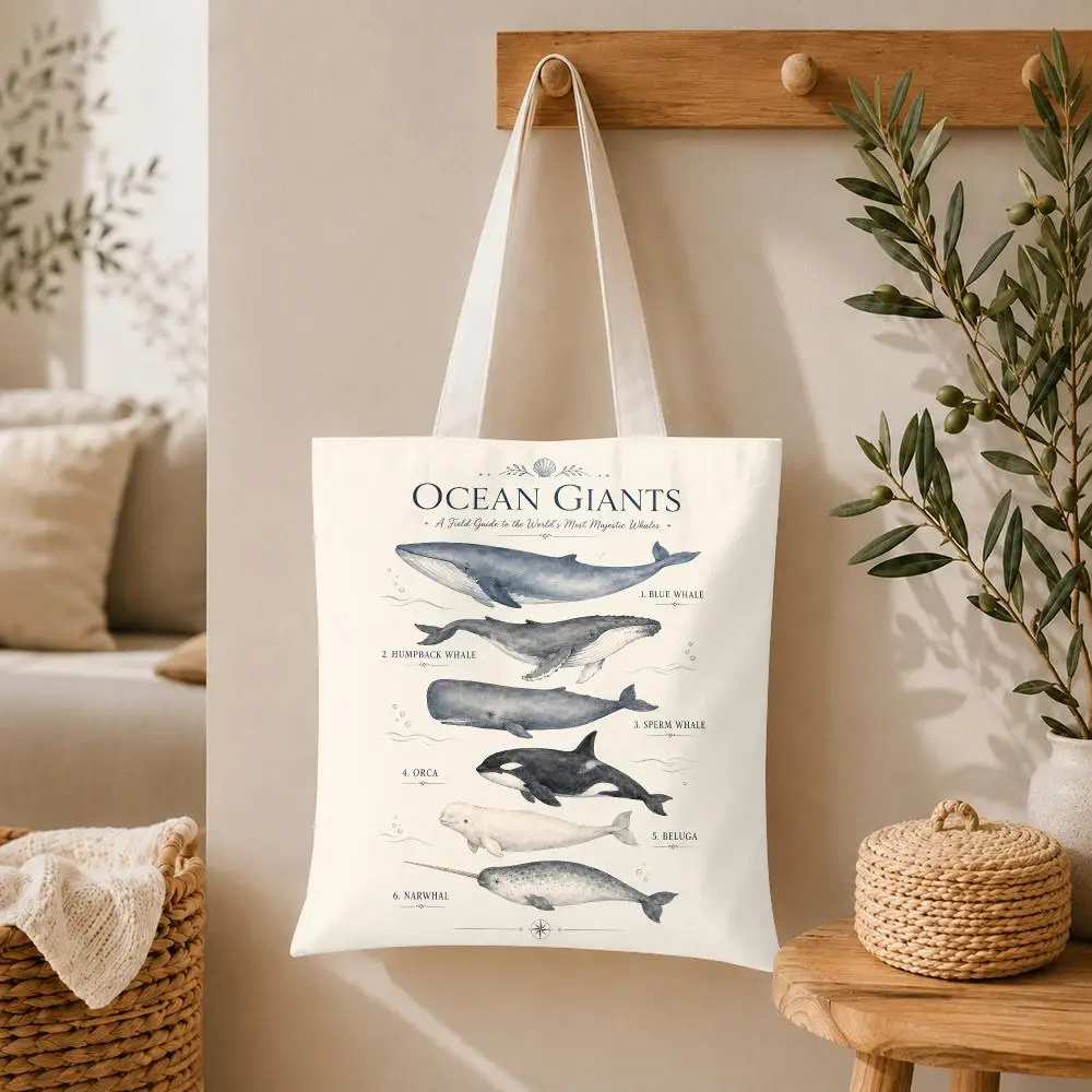 Ocean Whale Storage Bags Large Capacity Canvas Tote Bag Double-Sided Print Shoulder Handbag for Daily Shopping